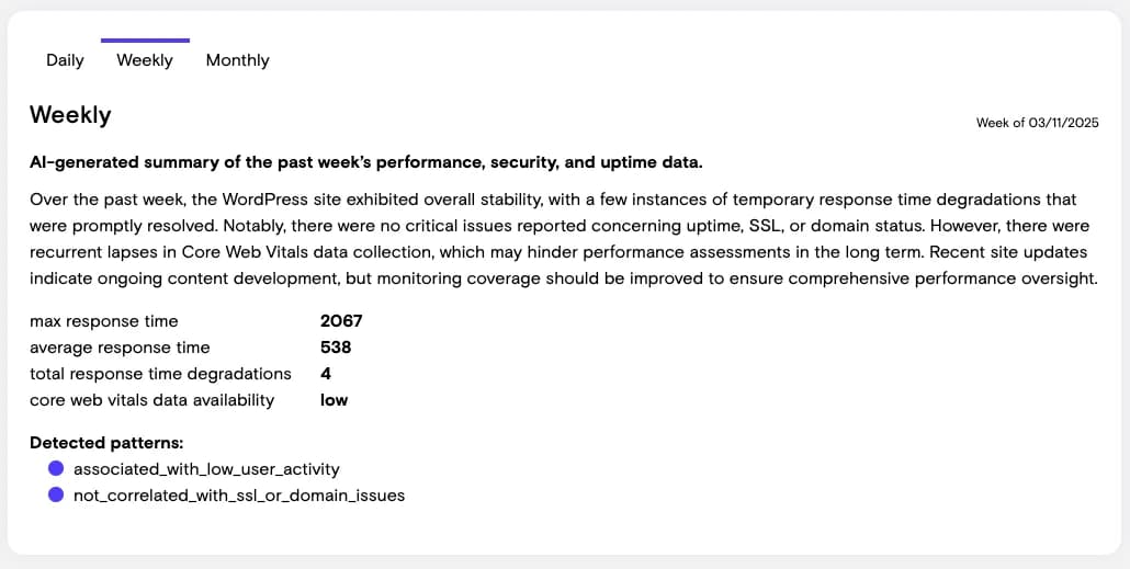 Example weekly summary in Professional Plus